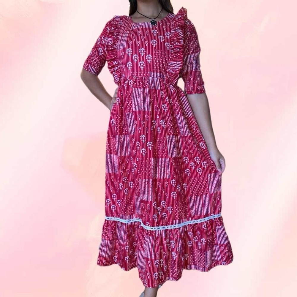Prairie Ruffled Maxi red and white dress